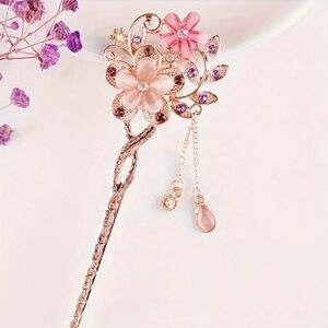 Gold & Pink Flower Floral Leaves Rhinestones Dangle Asian Chinese Hair Pin Stick